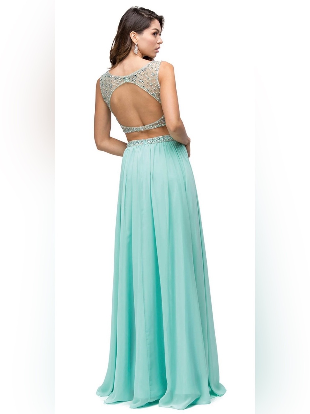 Dancing Queen Mint Chiffon Two-Piece A-Line Dress Embellished Bodice Sz S #9574